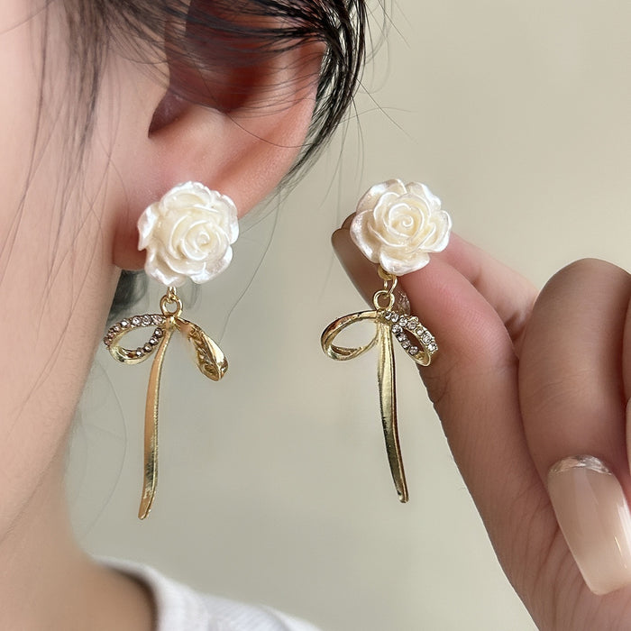 Elegant French White Camellia Flower Rhinestone Bow Tassel Alloy Stud Drop Dangle Earrings