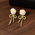 Elegant French White Camellia Flower Rhinestone Bow Tassel Alloy Stud Drop Dangle Earrings view 4