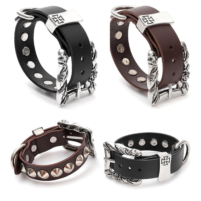 Exaggerated Punk Studded Cowhide Leather Bracelet Rock Spike Men's Wide Leather Bangle