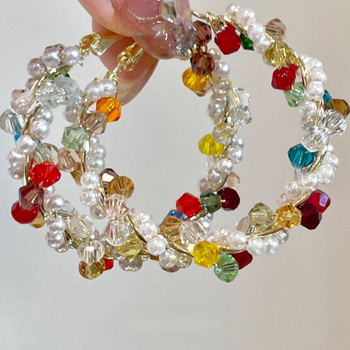 Colorful Faux Pearl Crystal Wrapped Hoop Earrings With Letter Charm Statement Dopamine Style