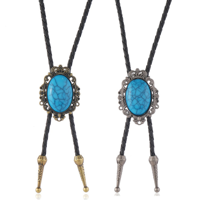 Simple Bohemian Turquoise Pendant Bolo Tie Adjustable Long Necklace Collar Brooch Accessory