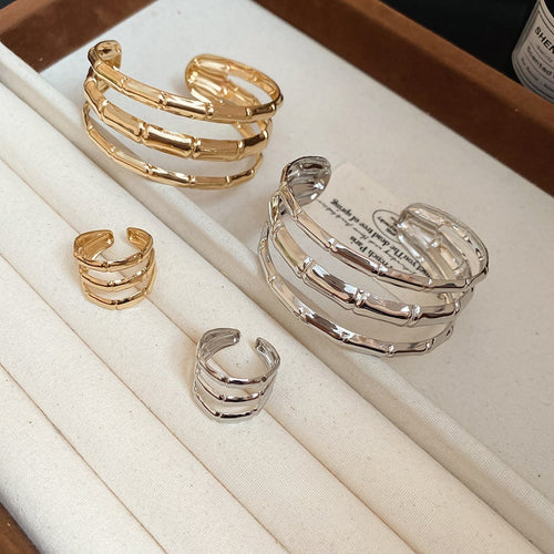 Metal Textured Triple Layer Open Bangle Jewelry Set For Women European American Statement Style