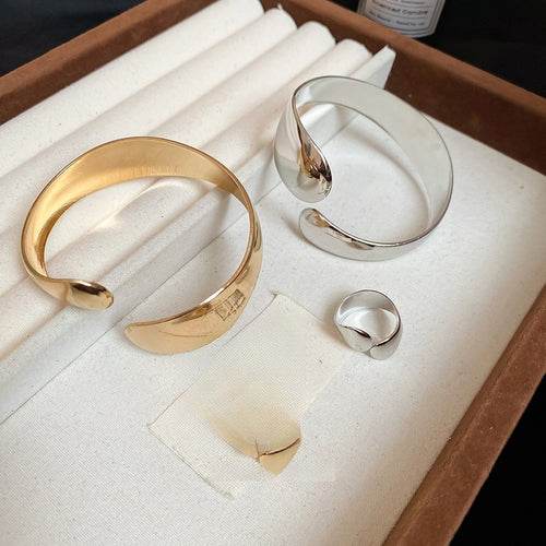 Metal Oval Smooth Open Cuff Bangle Jewelry Set, European American Statement Light Luxury Bracelet