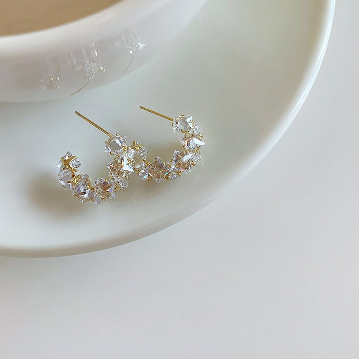 Chic Copper C Shape Zircon Stud Earrings, Geometric Round Light Luxury Fashion Jewelry