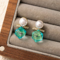 Elegant Korean Sweet Pearl Rhinestone Turquoise Square Crystal Studs For Women Minimal Luxury Earrings view 4