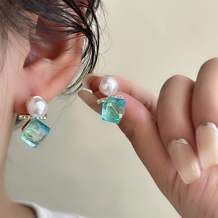 Elegant Korean Sweet Pearl Rhinestone Turquoise Square Crystal Studs For Women Minimal Luxury Earrings