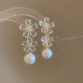 Chic Floral Zircon Faux Pearl Tassel Drop Earrings With Silver Pins Light Luxury Jewelry view 3