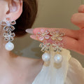 Chic Floral Zircon Faux Pearl Tassel Drop Earrings With Silver Pins Light Luxury Jewelry view 2