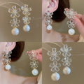 Chic Floral Zircon Faux Pearl Tassel Drop Earrings With Silver Pins Light Luxury Jewelry view 1