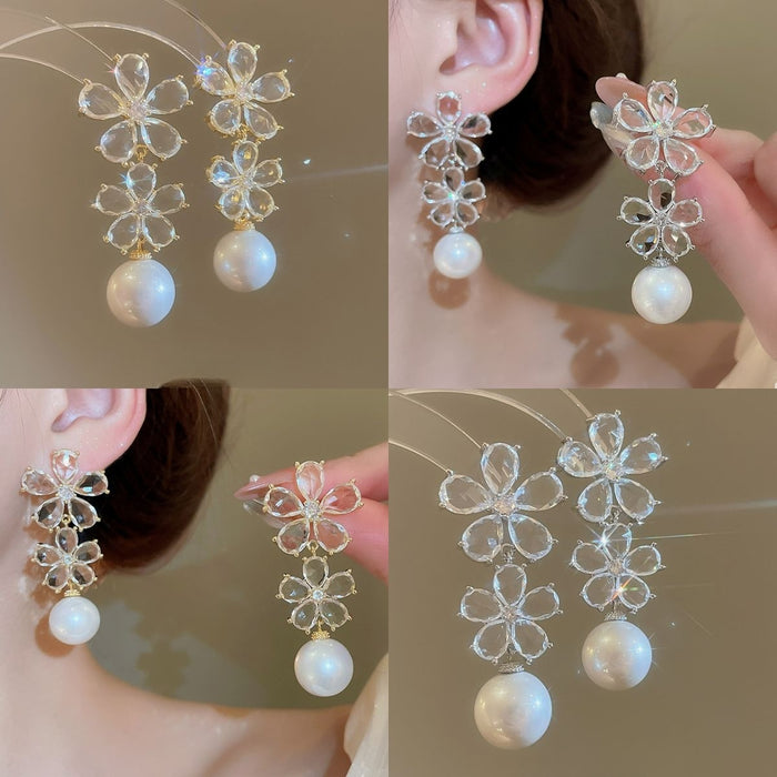 Chic Floral Zircon Faux Pearl Tassel Drop Earrings With Silver Pins Light Luxury Jewelry
