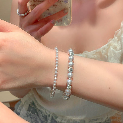 Light Luxury French Style Faux Pearl Beaded Rhinestone Rose Geometric Bangle For Women