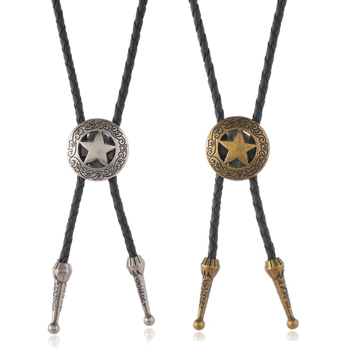 Vintage Western Cowboy Bolo Tie Necklace With Creative Star Pendant, Unisex Tie Slide Accessory