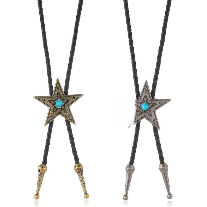 European American Adjustable Vintage Braided Rope Bolo Tie Necklace With Star Pendant