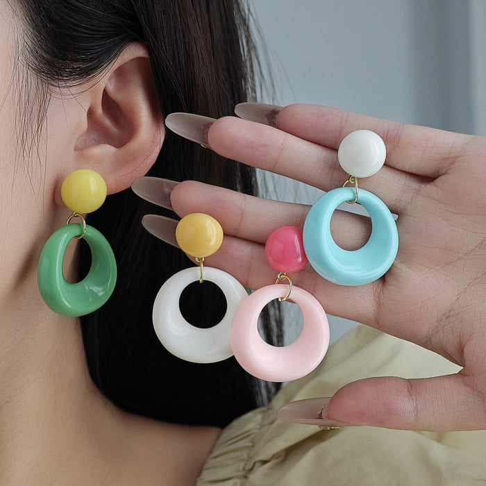 Dopamine Color Acrylic Donut Hoop Drop Stud Earrings For Women Sweet Vacation Style Silver Needle Earrings