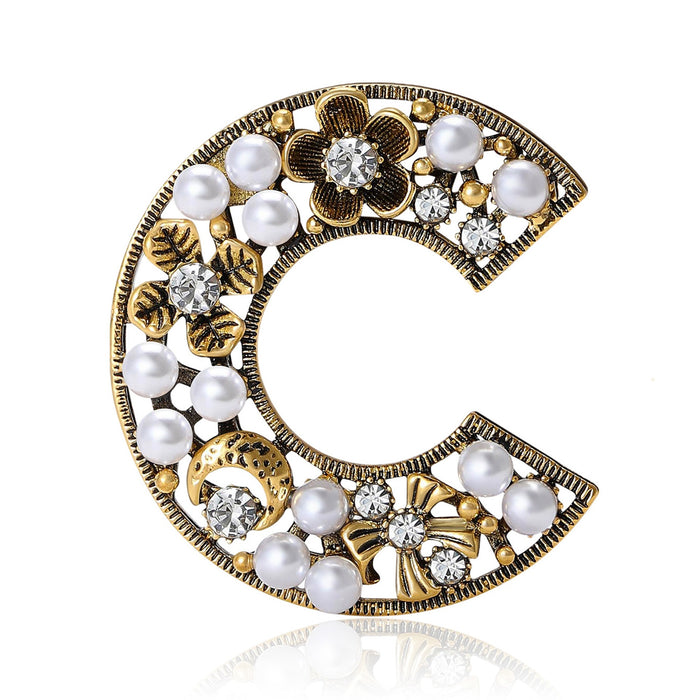 Hollow Alloy Pearl Flower Letter C Brooch For Fashion Accessories