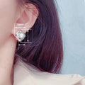 Two Tone Faux Pearl Stud Earrings With Geometric Diamond Shape, Exotic Trendy Women's Jewelry view 4
