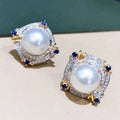 Two Tone Faux Pearl Stud Earrings With Geometric Diamond Shape, Exotic Trendy Women's Jewelry view 2
