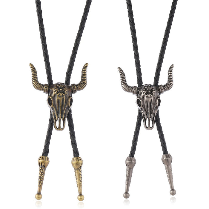 Western Cowboy Bolo Tie Necklace With Alloy Ram Head Pendant, Vintage Simple Unisex Neckwear