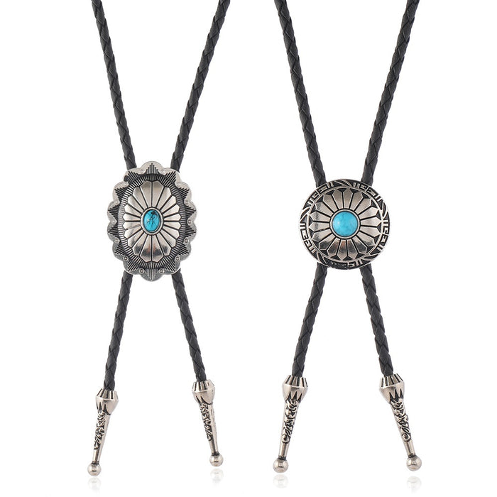 Bohemian Turquoise Flower Pendant Bolo Tie, Adjustable Necklace Tie Clasp Accessory