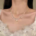 Light Luxury Zircon Teardrop Faux Pearl Pendant Necklace, Elegant Fashion Collarbone Chain view 1