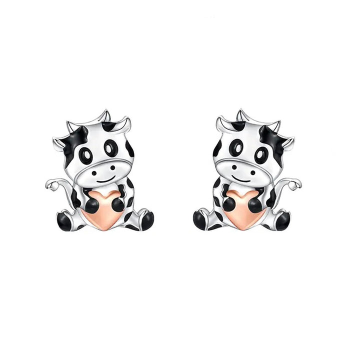Cute Cow Stud Earrings, Enamel Heart Shape Women's Daily Fashion Ear Jewelry Accessories