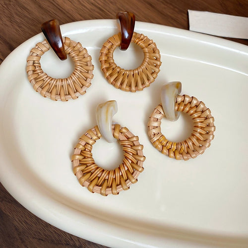 Resin Round Geometric Woven Bamboo Look Stud Earrings Vintage Beach Resort Style Fashion Jewelry