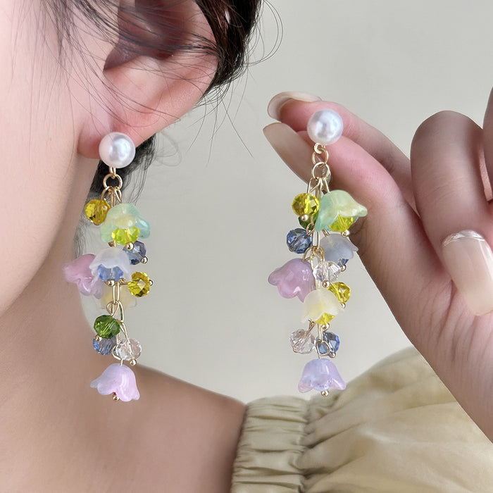 Elegant Pearl Stud Colorful Crystal Lily Of The Valley Flower Alloy Tassel Drop Vacation Earrings