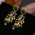 Vintage Palace Style Green Crystal Rhinestone Tree Branch Tassel Alloy Needle Bohemian Dangle Earrings view 3