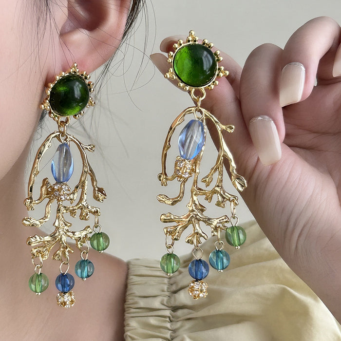 Vintage Palace Style Green Crystal Rhinestone Tree Branch Tassel Alloy Needle Bohemian Dangle Earrings