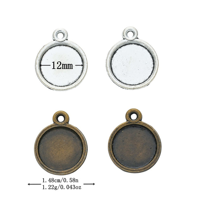 12mm Zinc Alloy Round Bezel Charm Pendant No.320625 for DIY Necklace Bracelet Jewelry Making