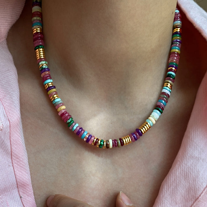 18K Gold Plated Copper Natural Stone Beaded Choker Necklace With Round Geometric Dopamine Style