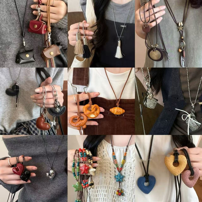 Korean Style Resin Croissant Smiley Bread Pendant Sweater Necklace For Commuter Outfits