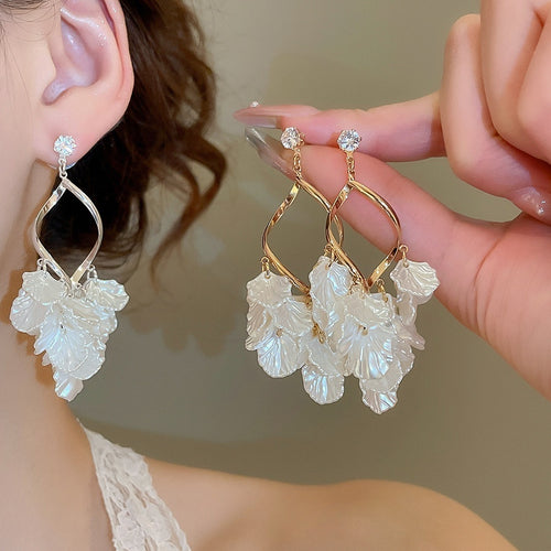 Chic Shell Geometric Zircon Faux Pearl Tassel Drop Earrings With Silver Needle For Vacation Style