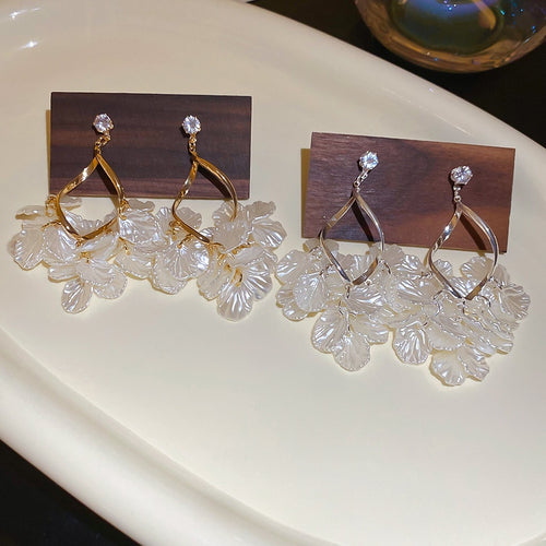 Chic Shell Geometric Zircon Faux Pearl Tassel Drop Earrings With Silver Needle For Vacation Style