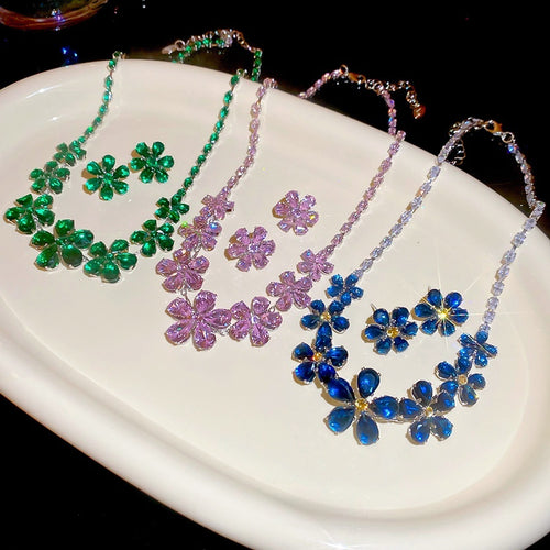 Light Luxury Copper Zircon Flower Pendant Necklace Earrings Jewelry Set For Women