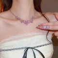 Light Luxury Copper Zircon Flower Pendant Necklace Earrings Jewelry Set For Women view 2