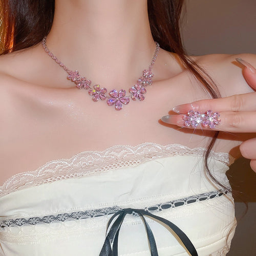 Light Luxury Copper Zircon Flower Pendant Necklace Earrings Jewelry Set For Women