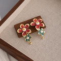 Elegant Enamel Flower Pearl Drop Earrings For Women, Gold Tone Alloy Long Dangle Statement Earrings view 2