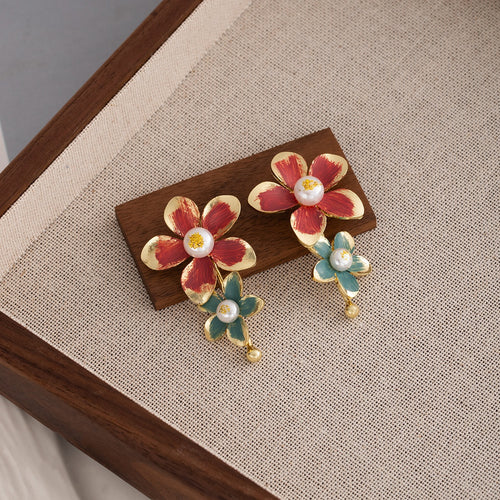 Elegant Enamel Flower Pearl Drop Earrings For Women, Gold Tone Alloy Long Dangle Statement Earrings