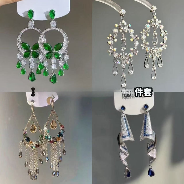 Copper Zircon Round Teardrop Tassel Drop Earrings Chic Geometric Fashion Ear Studs