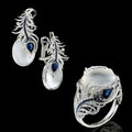 Silver Tone Peacock Feather Moonstone Blue Clip On Earrings view 2