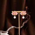 Elegant French Pink Enamel Flower Pearl Drop Stud Earrings For Women, Alloy Luxury Summer Floral Earrings view 4