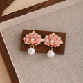 Elegant French Pink Enamel Flower Pearl Drop Stud Earrings For Women, Alloy Luxury Summer Floral Earrings view 3