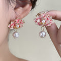 Elegant French Pink Enamel Flower Pearl Drop Stud Earrings For Women, Alloy Luxury Summer Floral Earrings view 1