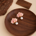 Elegant French Pink Enamel Flower Pearl Drop Stud Earrings For Women, Alloy Luxury Summer Floral Earrings view 2