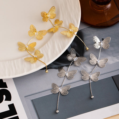 Elegant Gold Alloy 3D Butterfly Tassel Drop With Rhinestone Accents Summer Vacation Statement Earrings