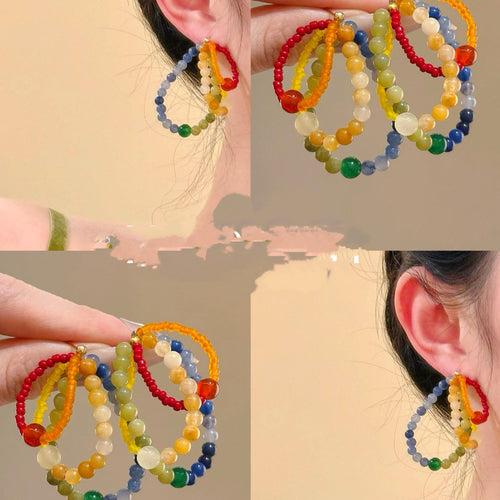 Natural Stone Rainbow Beaded Stud Earrings Sweet Vacation Retro Geometric Round Design