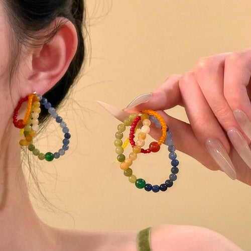 Natural Stone Rainbow Beaded Stud Earrings Sweet Vacation Retro Geometric Round Design