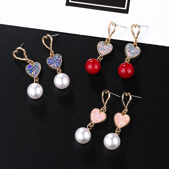 Gold Double Heart Sequin Pearl Look Dangle Earrings
