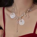 Korean Style Faux Pearl Shell Tassel Pendant Necklace With Round Geometric Charm For Women view 1